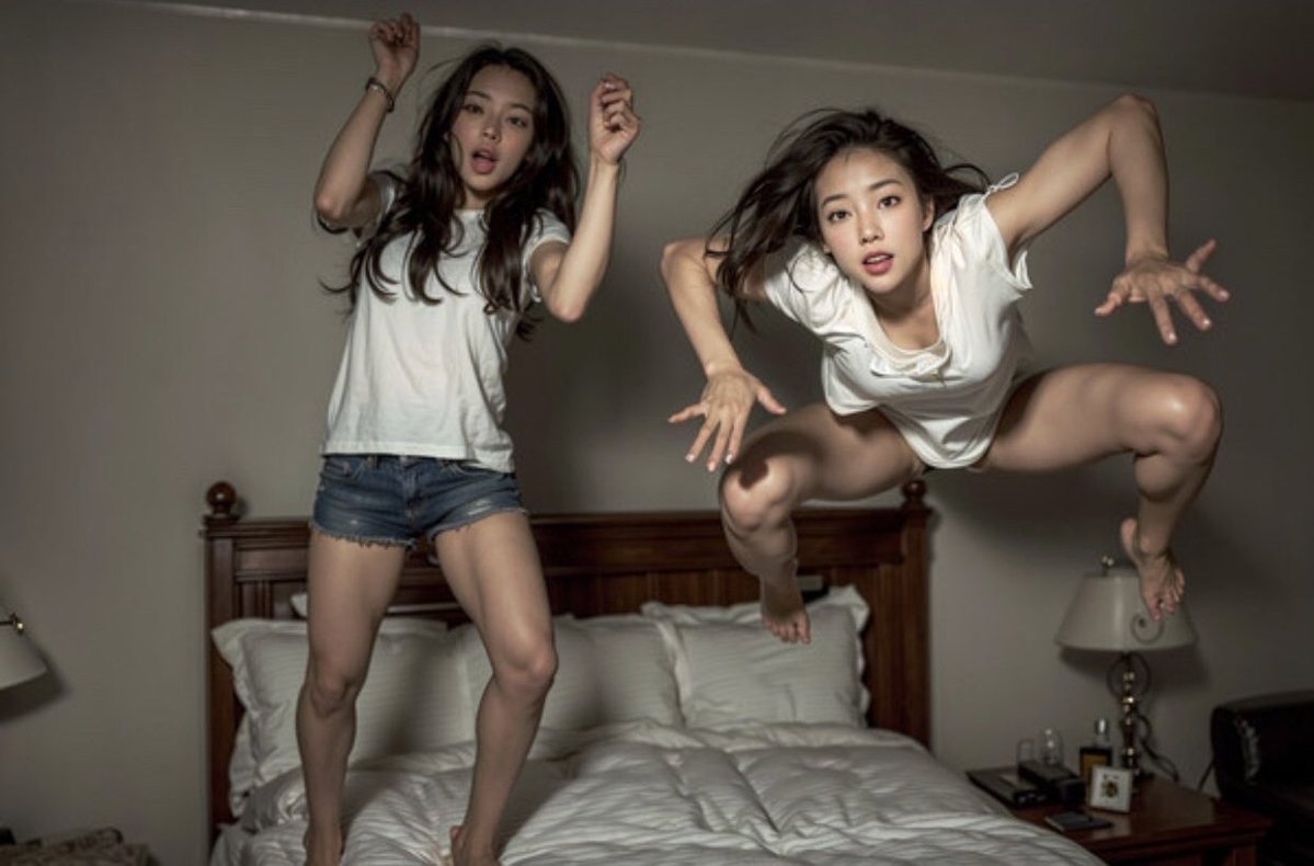 【画像】『ベッドの上で飛び跳ねるギャル二人』の最新画像、とんでもなくエッチになってしまう…www